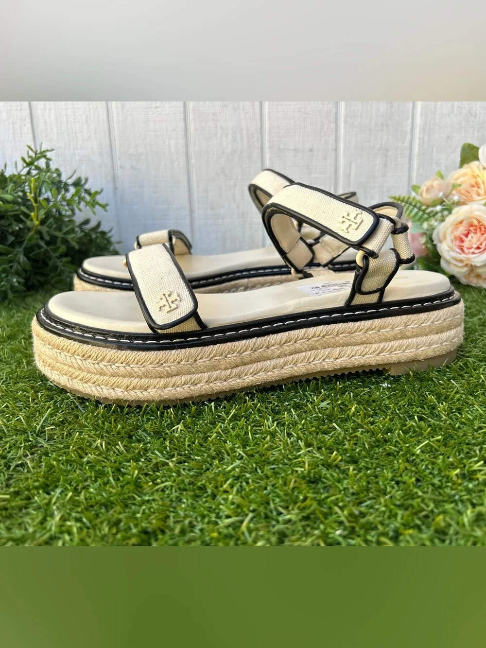 Tory Burch Women’s canvas/perfect black platform  Espadrille Sandals size 10